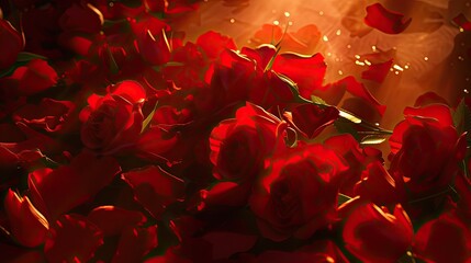 tender scene depicted by a strip of radiant red rose petals strewn randomly. - obrazy, fototapety, plakaty