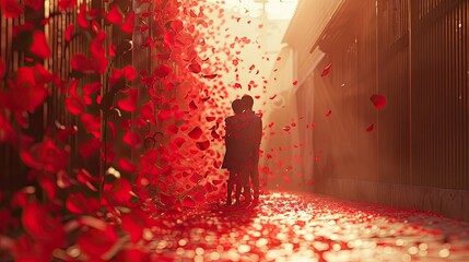 tender scene depicted by a strip of radiant red rose petals strewn randomly.