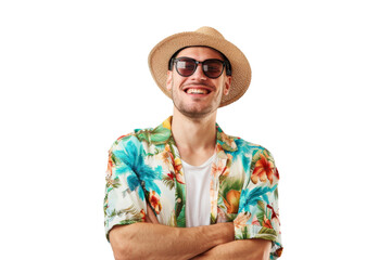 Portrait happy man with summer holiday beach outfits isolated on transparent background for realax at beach on vacation, travel and holidays vacation concept.