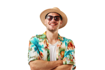 Portrait happy man with summer holiday beach outfits isolated on transparent background for realax at beach on vacation, travel and holidays vacation concept.