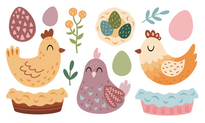 Easter chicks clipart. Chicken clipart. Happy Easter clip art in cartoon flat style, perfect for scrapbooking, stickers, tags, greeting cards, invitations, decor. Hand drawn vector illustration. © JulzaArt