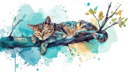 A cat sleeping on a tree branch with colorful blue and green paint splatters as the background.