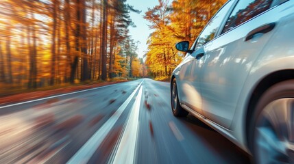 Samochód porusza się po drodze otoczonej jesiennym lasem, gdzie w tle widoczne są drzewa. Scena ukazuje dynamikę ruchu na drodze w otoczeniu przyrody. - obrazy, fototapety, plakaty