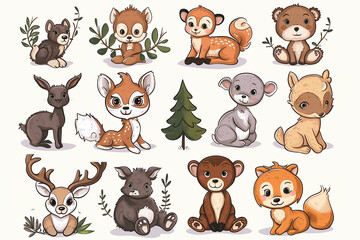 Naklejka premium Set with cute woodland forest animals in cartoon style. Ideal kids design, for fabric, wrapping, textile, wallpaper, apparel on isolated white background