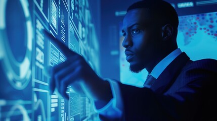 Czarny mężczyzna w garniturze wskazuje na wskaźniki analityczne na ekranie. Niebieskie - obrazy, fototapety, plakaty