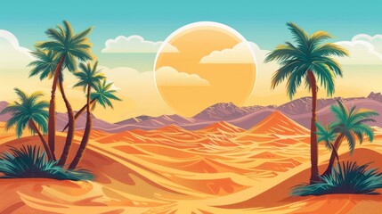 Fototapeta na wymiar illustration capturing the peaceful essence of a desert landscape, featuring sandy dunes and palm trees.