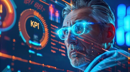 Mężczyzna z futurystycznymi neonowymi okularami stoi przed wskaźnikami KPI - obrazy, fototapety, plakaty
