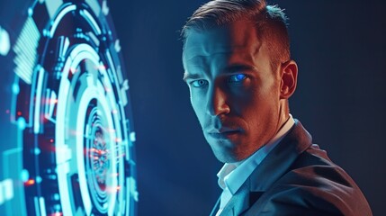 Mężczyzna z cyber okiem w garniturze i krawacie stoi przed zegarem, patrząc na wskazówki. Scena ma charakter profesjonalny i formalny. - obrazy, fototapety, plakaty