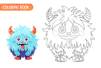 Coloring book for kids. Worksheet for drawing with cartoon monster. Cute magical creature. Coloring page with funny yeti for preschool and school children. Vector illustration on white background.