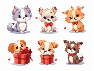 Cute cats and dogs doodle for valentine vector set. Cartoon dog or puppy kitten characters design collection with flat color in different poses. Set of funny pet animals isolated on white background.