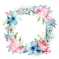 Floral wreath made of flowers of pink and blue color with green leaves for greeting cards, wedding invitations, romantic events, watercolor composition Generative AI