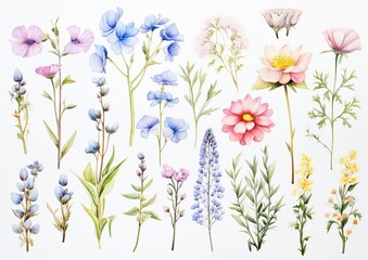 Fototapeta na wymiar Wildflowers on white background, field flowers plants, botanical watercolor collection of elements to create collage or design, cards or invitations, illustration Generative AI