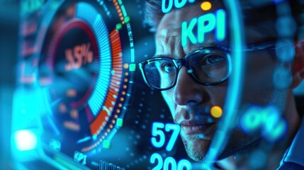 Mężczyzna w okularach patrzący na futurystyczny wyświetlacz KPI - obrazy, fototapety, plakaty