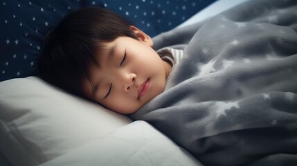 "In the hush of the night, a little Asian boy is captured in slumber, his small form sheltered under a gentle blanket in the familiarity of his own bed."