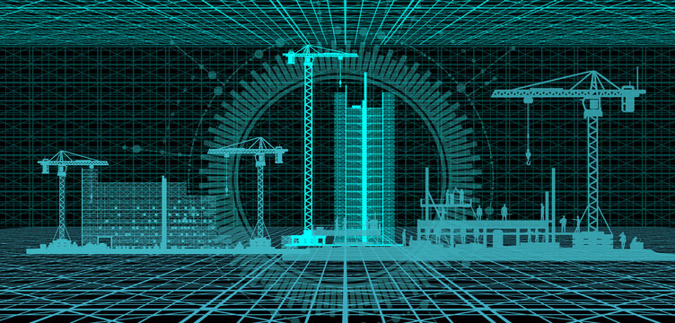 Smarte Konstruktion und Planung Bauindustrie Grid - Geb&auml;ude Halle Baustelle mit Baukran und 3D Raster Umgebung - Bau Projekt Technologie