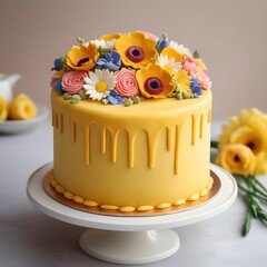 Pretty yellow fondant birthday cake with colorful spring flowers decoration on top