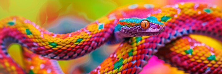 Colorful fantasy multicolored snake close up, snake curled up, banner