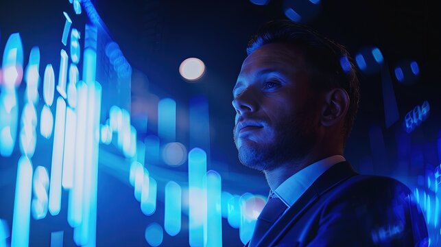 Makler ubrany w garnitur i krawat stoi przed tłem z niebieskimi światłami w pomieszczeniu, wygląda na pewnego siebie i gotowego do działania na giełdzie stokowej