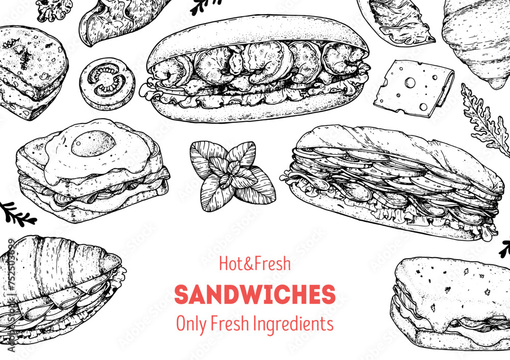 Wall mural Hot and fresh sandwiches frame. Menu design template. Sandwich sketches. Unique recipe. Hand drawn vector illustration.