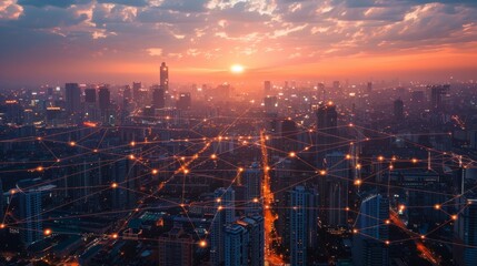 Fototapeta premium A bird's-eye view of a city at twilight