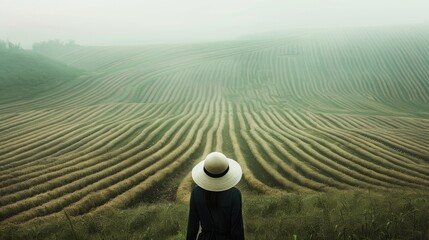 Fototapeta na wymiar a person wearing a formal hat walking through A field with a linear texture 