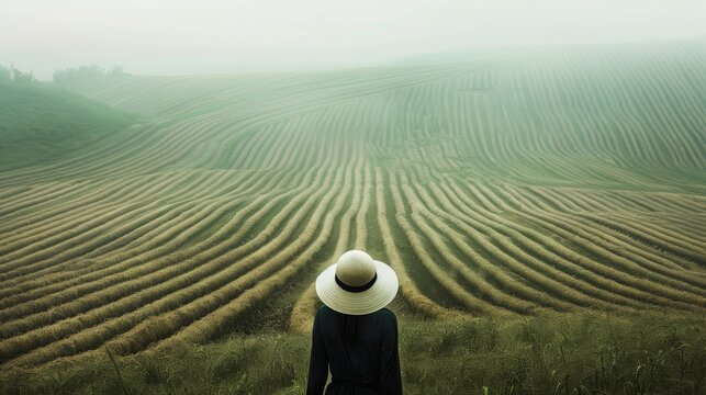 a person wearing a formal hat walking through A field with a linear texture
