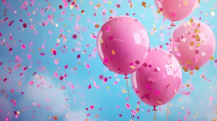Różowe balony z konfetti na czystym niebie - obrazy, fototapety, plakaty