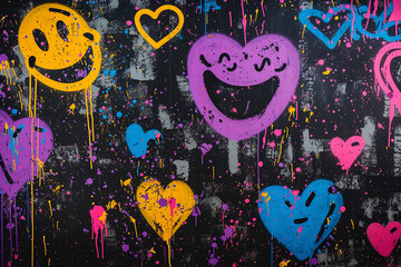 Set of neon color graffiti spray pattern. Collection of symbols, heart, crown, thunder, devil, skull, arrow with spray texture. Elements on black background for banner, decoration, street art and ads.