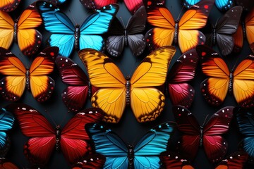 Multicolored butterflies on a dark summer background.