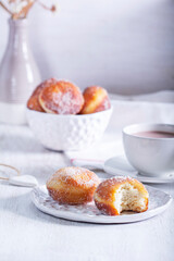 Donuts with sugar and cinnamon served with cocoa. Traditional dessert for Carnival. - 752504072