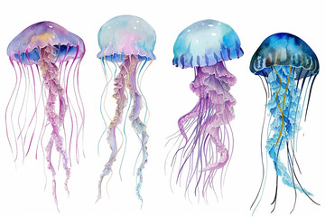 Set of colorful jellyfish swimming marine creatures watercolor vector Illustrations - obrazy, fototapety, plakaty