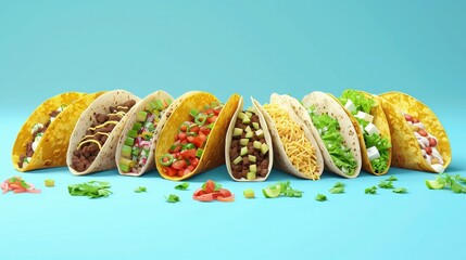 Grupa świeżych wegetariańskich tacosów z różnymi nadzieniami leży na niebieskiej powierzchni.