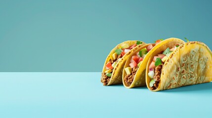 Trzy tacos na niebieskim tle - obrazy, fototapety, plakaty