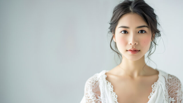 Beautiful young hair tied asian woman with a white dress. Clean fresh skin woman from far east on a light background with copy space for text.