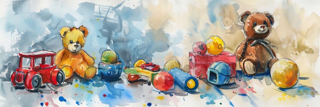 Watercolor illustration of children's toys in calm pastel colors, banner