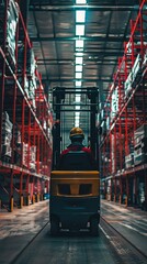 Obraz premium Warehouse worker operates a forklift in a warehouse, warehouse distribution center