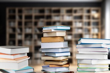 Books, notebooks lie in library background