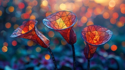 a group of three red flowers sitting on top of a lush green field covered in lots of bright colored lights.
