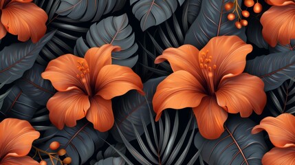  a close up of an orange flower on a black background with leaves and berries on the bottom of the flower.