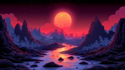  a painting of a river in the middle of a mountain range with a full moon in the sky above it.