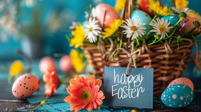 Happy Easter. Greeting banner postcard with basket with Easter eggs and flowers.