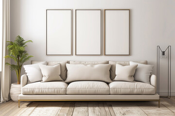 modern Scandinavian minimalist living room in white and beige colours. an empty frames for a photo or painting over the sofa