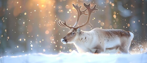  a reindeer is standing in the snow with its antlers spread out and it's head turned to the side.