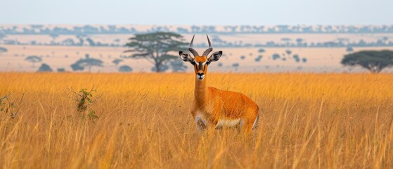  a gazelle standing in the middle of a field of tall grass with trees in the distance in the background.