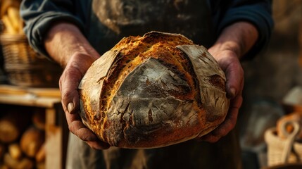 A person in a blue shirt and brown apron holds a loaf of sourdough bread in both hands. The bread has a dark crust and a lighter interior. The person's hands are covered in flour. - obrazy, fototapety, plakaty