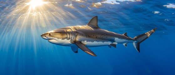  a great white shark swims under the water's surface as the sun peeks above the water's surface.