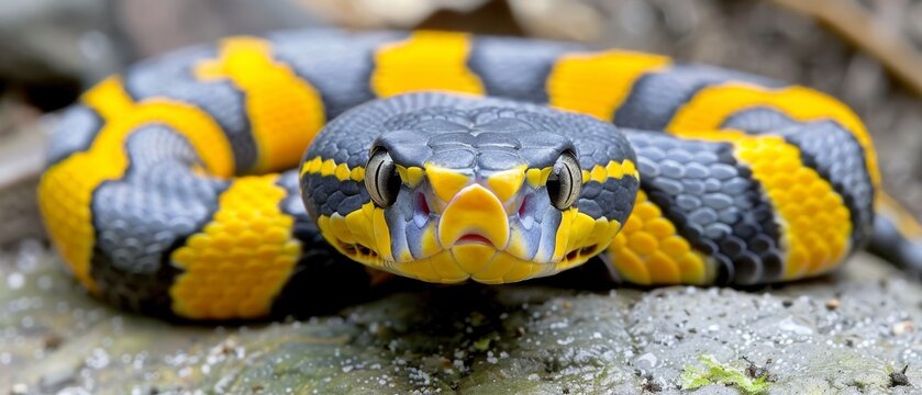  a close up of a yellow and black snake with its mouth open and it's head slightly to the side.