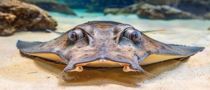  a close up of a stingfish with its mouth open and eyes wide open in an aquarium with rocks in the background.