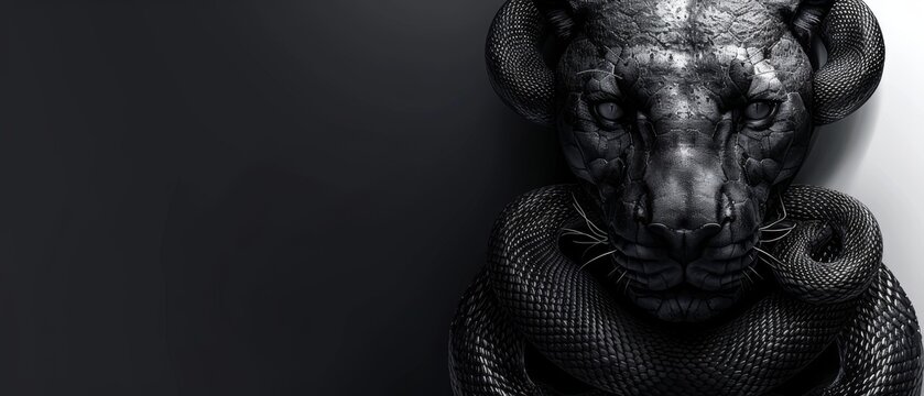  a black and white photo of a snake wrapped around a man's head with a snake wrapped around his neck.