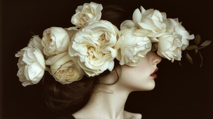  a woman with a bunch of white flowers on her head and her hair in a bun of flowers in her hair.